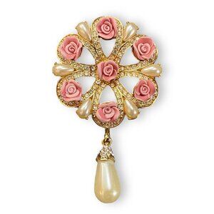 Vintage Floral Brooch With Pink Roses & Removable Pearl Drop Pendant Avon 2004